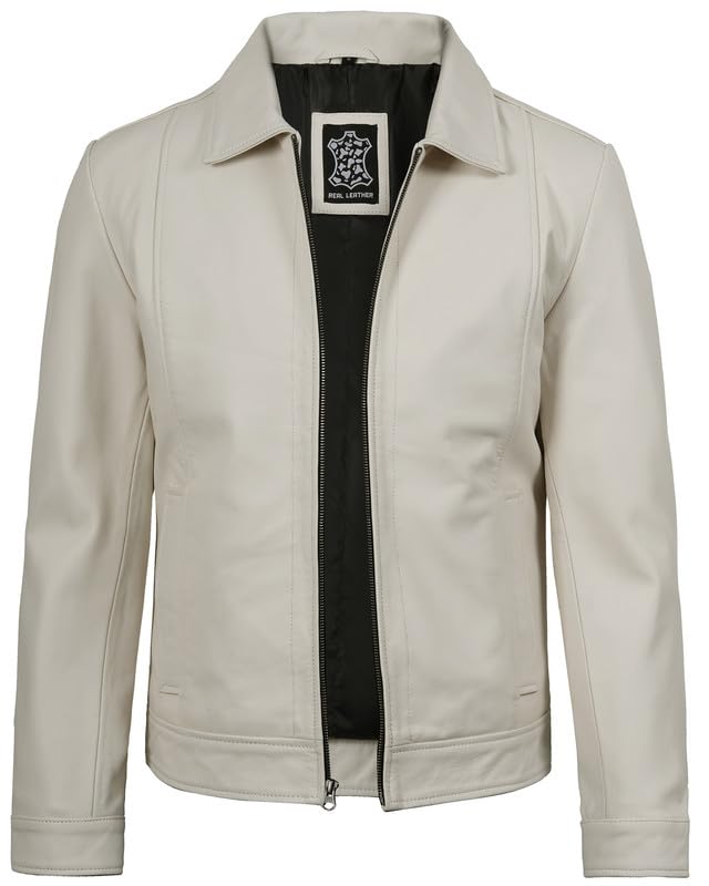Image of Blingsoul Disc White Leather Jacket Men Real Lambskin | [1124096] Jose Off White, XXL