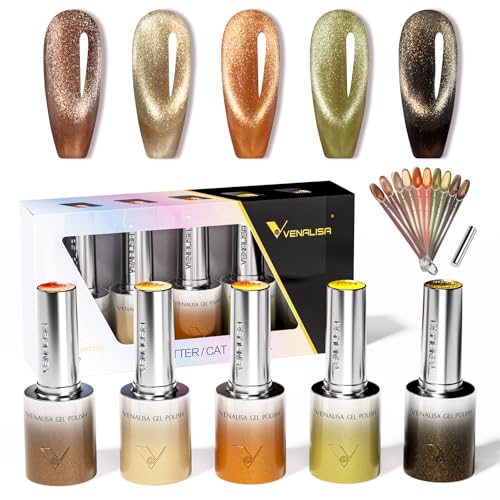 VENALISA Cat Eye Gel Nail Polish Set 5 Colours Brown Gold Olive Green Black with Magnet & a DIY Nail Tips & Colored Labels Collection Soak Off UV Gel for Stunning Autumn Winter Nail Art Design GC11