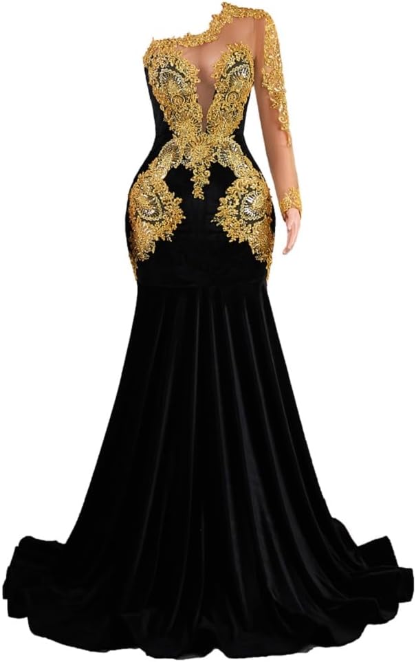 Datangep Black Velvet Prom Gown One Shoulder Mermaid Evening Dress Gold Applique Celebrity Pageant Formal Party Gown