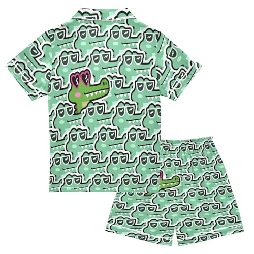 Cute Crocodile Prints Summer Satin Pajama Set, Cute Button-Down Sleepwear Pj Set for Sleep Wears2