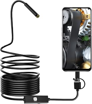 Endoscope Camera with Light, 0.3 MP 7mm Lens HD Borescope with 6 Adjustable LED Lights, Endoscope with Semi-Rigid Snake Cable, IP67 Waterproof Inspection Camera