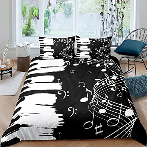 feelingyou Juego de funda nórdica y funda de almohada con diseño de piano, color blanco y negro, con notas musicales, juego de 2 piezas para habitación infantil, estilo graffiti, colcha con 1 funda de