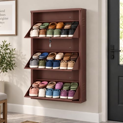 Image of DELITE KOM AIRO 24 inch 6 Shelf Double Decker Metal Shoe Rack Wall Mount for Home with Lock | Air-Vent Panels Keep Shoes Odour-Free | 18 Shoes /30 Slippers | 1Yr Warranty | 41x24x8 Coffee | DIY