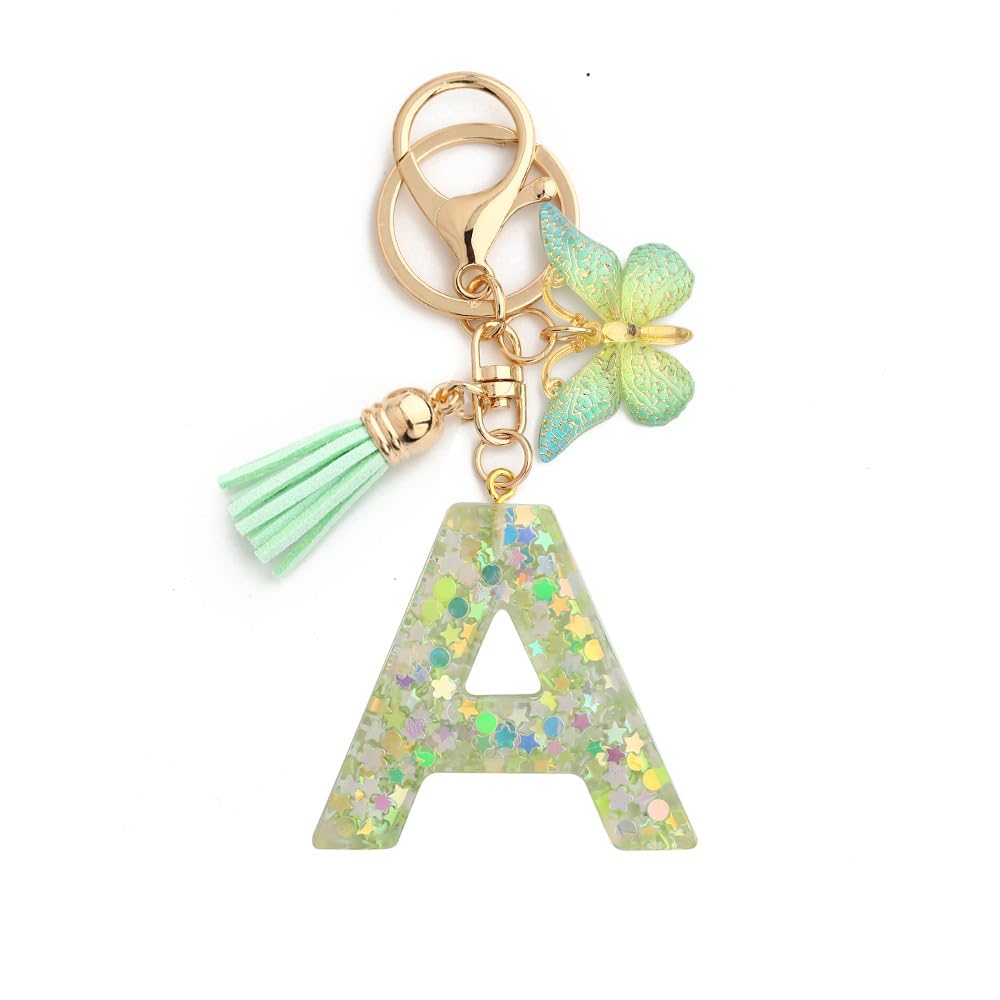 Gierzijia Green Butterfly Tassel A-Z Alphabet Resin Keychain for