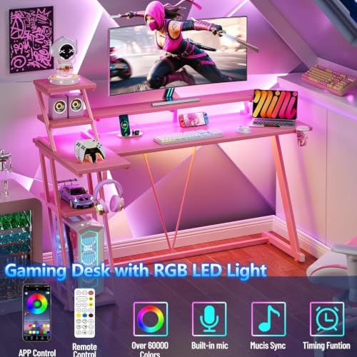 Image of Korfile 55 Inch Gaming Desk with Power Outlet, LED, Monitor Stand, Pink