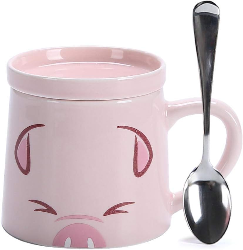 Cute ceramic cup with lid and spoon Mug Animal Coffee Milk Cup Children's Breakfast Oatmeal Cup-Pink (Little Pig)