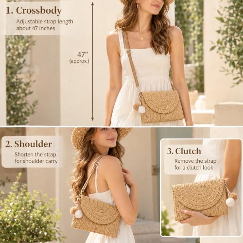 Image of Women Straw Crossbody Handbag, 10.63 x 7.87in, Detachable Strap