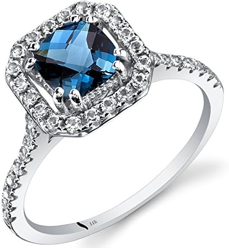 Peora London Blue Topaz Ring for Women 14K White Gold with White Topaz, Genuine Gemstone Birthstone, 1 Carat Cushion Cut 6mm, Halo Design, Size 6