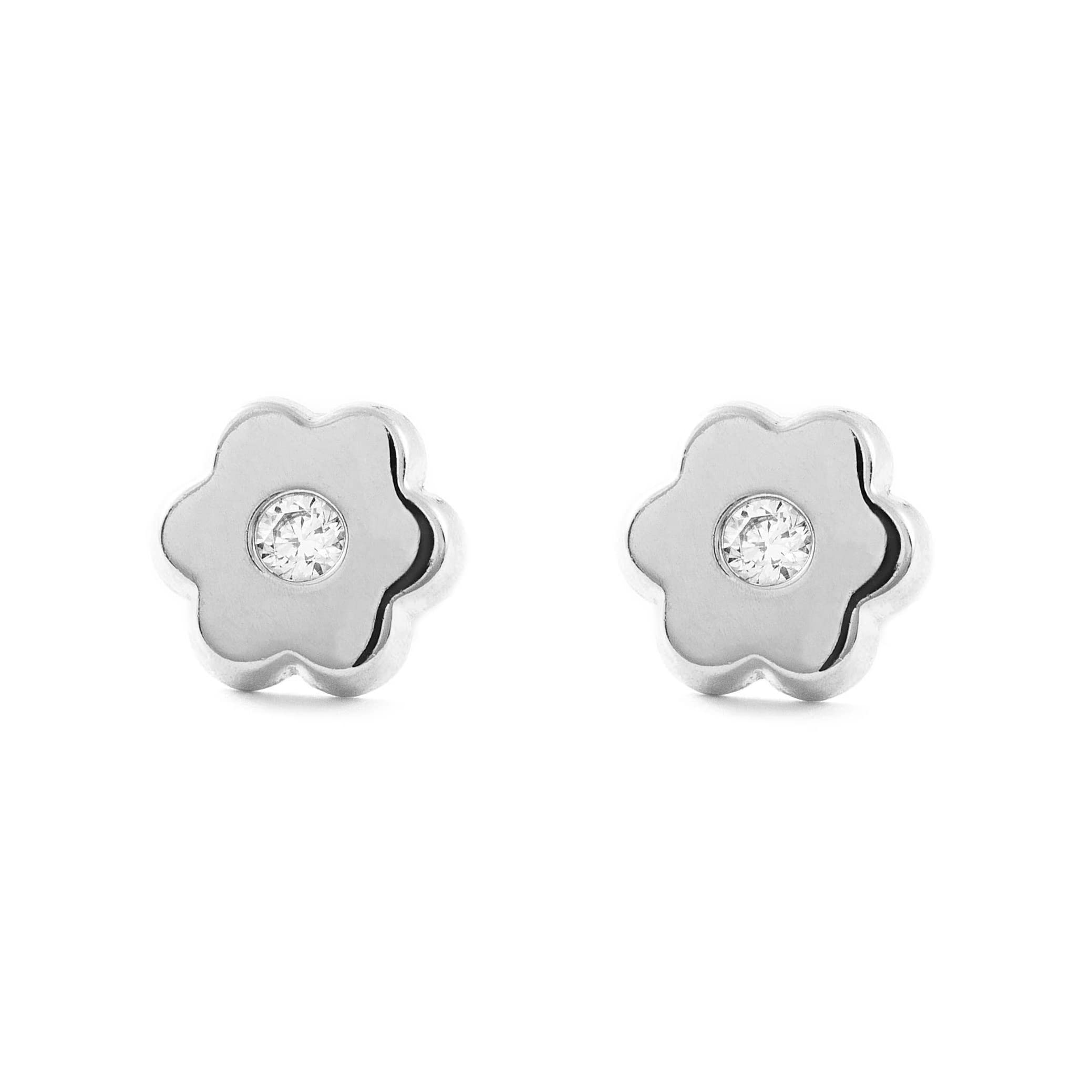 Monde Petit Pendientes Niña Oro blanco Flor en circon (9kts) - Estuche Regalo - Certificado de Garantía - Mondepetit