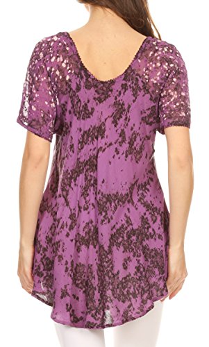 Image of Sakkas Ash Speckled Tiedye Embroidered Cap Sleeve Blouse Top with Embroidery Hems