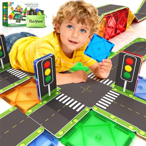 Soyee 56 Magnetische Bausteine Road Toppers Kinderspielzeug f&uuml;r 3 Jahre alte Jungen M&auml;dchen Magnetische Kacheln Vorschule Lernaktivit&auml;ten Geschenk f&uuml;r Kleinkinder Kinder Alter 3 4 5 6