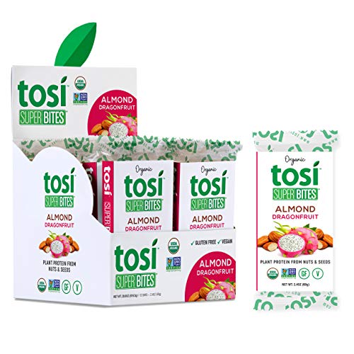 Tosi Organic SuperBites Vegan Snacks, 2.4oz (Pack of 12), Gluten Free, Omega 3s, Plant Protein Bars with Flax and Chia Seeds (Almond Dragonfruit)