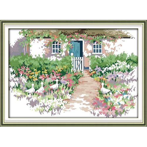 Image of JOYSEWING Flower House Cross Stitch Kits Stamped Kits Beginners Embroidery DMC Color Needlepoint Kits Pre Printed Counted Embroidery DIY Home Decor-Farm (Printed) 20.5x15 inch