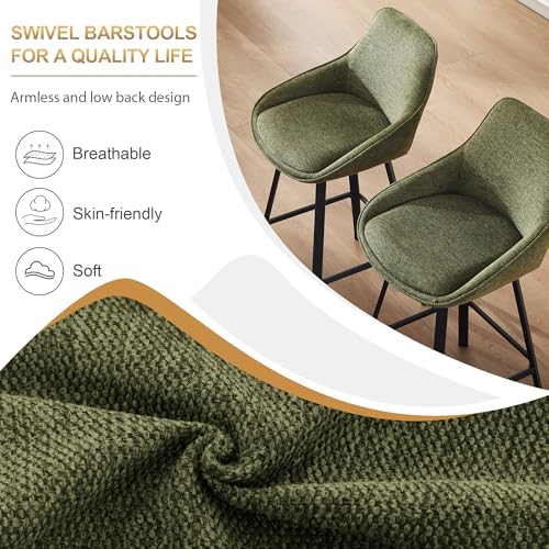 Image of Zesthouse Swivel Bar Stools Set of 2, Modern Counter Height Barstools with Backs, 26'' Upholstered Linen Fabric High Chairs for Island Kitchen, Counter Height Chairs with Metal Legs, Green
