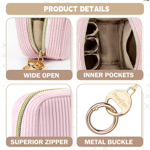2 Pack Small Makeup Bag for Purse, Corduroy Mini Cosmetic Pouch with Ring Buckle & 4 Inner Pockets, Portable Travel Makeup Pouch for Lipsticks, Coins, Earphone (Black+Beige)3