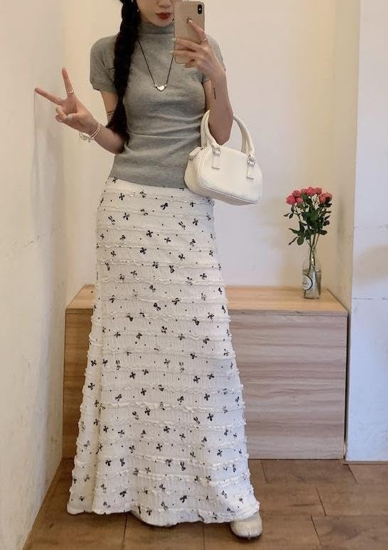 Women Summer Lace Floral Skirt Casual Cute and Gentle Wind High-Waisted Bow Bag Hip Fishtail A Word Long Skirt3