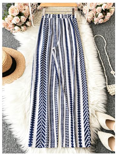 SHENHE Women's Striped Wide Leg Geo Print Boho Pants Belted Loose Flowy Palazzo Pants2