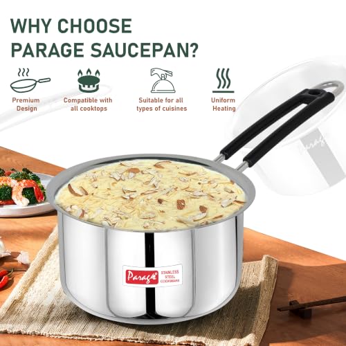Image of Parage 2 Pieces Stainless Steel Sauce Pan, Tea Pan, Milk Pan Heavy Guage with Heat-Resistant Wire Handle Induction & Gas Stove Friendly (1 LTR & 1.75 LTR, Silver), 2.75 Liters