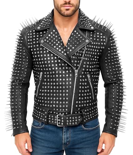 Image of Men's Studded Cowhide Leather Biker Jacket - Punk Rock Spiked Brando Coat