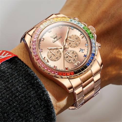 Image of OLEVS Watch for Men Luxury Gold Diamond Chronograph Business Wristwatch with Analog Quartz, Date Calendar, Stainless Steel Band, Luminous Hands, Waterproof