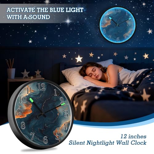 Horloge murale phosphorescente marbre bleu finitions dorées chic 30cm - 8