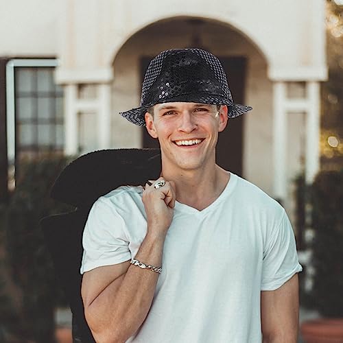 Tendycoco 2Pcs Sequins Fedora Hat Stage Shining Hat Jazz Caps Hat For Adults Costume Performance Party(Black) #TOP1