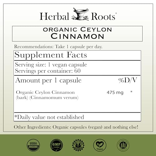Herbal Roots Organic Ceylon Cinnamon Capsules | Usda Certified Organic - Non-Gmo | 60 Organic Vegan Capsules thumb #1