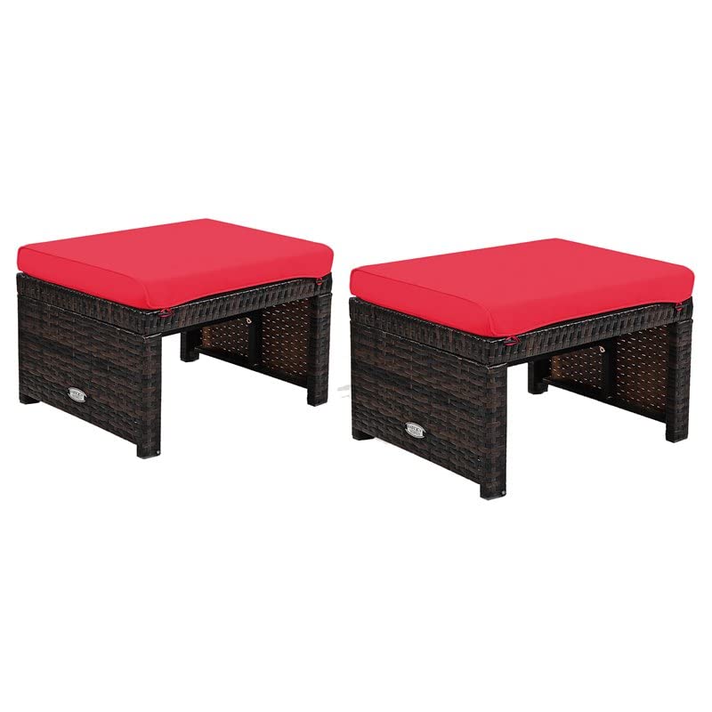 Pemberly Row Patio Rattan Ottomans/Footrests in Red Cushioned Seat (Set of 2)
