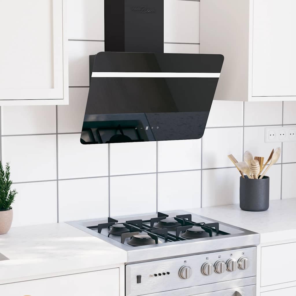 Okap kuchenny ścienny 60 cm ze stali i szkła hartowanego w kolorze czarnym, z filtrem z węglem aktywnym, strumień powietrza 297 m³ h, 2 diody LED, do kuchni, płyty kuchennej