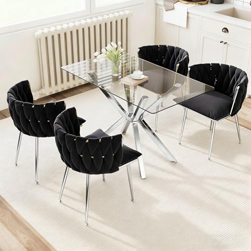 Image of Silver Glass Dining Table Set for 4 with 47.2 inch Rectangular Tempered Glass, 5 Pieces Kitchen Table Set with 4 Comfortable Velvet Chairs for Living Room, Apartments Small Place, Cafe (Black Chairs)