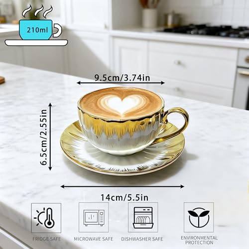 Porcelain Tea Cups Set of 2 - Ceramic Coffee Cup (210 Ml) with Saucers - Ceramic Mugs for Home and Restaurants, Valentines Mothers Birthday for Women Men Friend - Image 3
