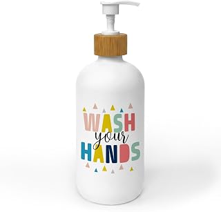Kids Bathroom Decor Soap Dispenser, Wash Your Hands Glass Soap Dispenser, Colorful Boho Refillable Handsoap Pump Bottle for Bathroom Washroom Countertop