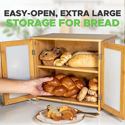 Large Bamboo Bread Box With Frosted Doors And Adjustable Or Removable Shelf. Double Layer Bread Storage, Rustic Farmhouse Style Bread Bin, Bread Box For Kitchen Countertop, Bread Holder. (Self-Assembly) #TOP4