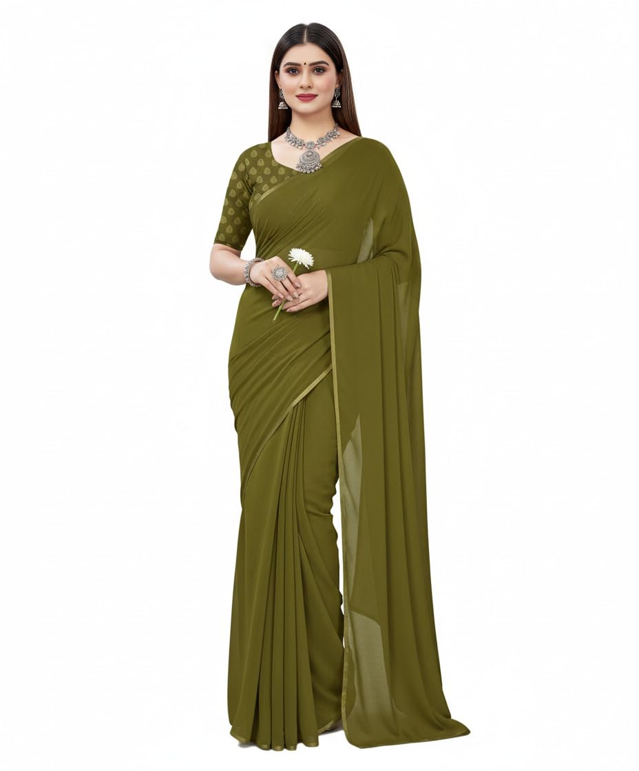 Saini Vastra Plain Chiffon Saree Attached Golden Lace with Zari Woven Work Unstitch Blouse For womens-image-14