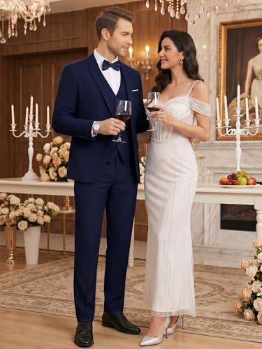 Image of WEEN CHARM Men's 3-Piece Slim Fit Suit Set-2-Button Blazer,Vest & Pants-Formal Wedding,Prom,Party & Business Tuxedo