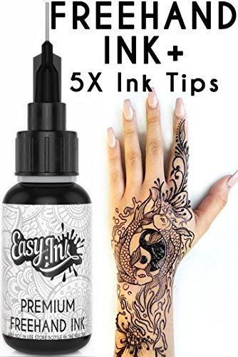Easy.ink- Temporary Tattoo Ink Set, Natural & Long Lasting Freehand Ink (Organic Jagua Fruit Gel/Ink).Premium Ink+5X Different Width Ink Tips. Black/Dark Blue Color. No Chemicals,No Alcohol. 0.5Oz #TOP1