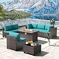Kullavik 8 Pieces Outdoor Patio Furniture Set with 43" Gas Propane Fire Pit Table PE Wicker Rattan Sectional Sofa Patio Conversation Sets,Blue