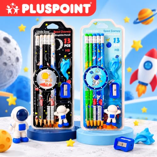 Image of PLUSPOINT 26 Pcs Space Theme 20 Pencils for Kids with 2 erasers 2 sharpeners 2 Grips Astronaut Space Design Perfect for Birthday Classroom and School Supply