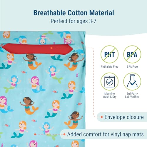 Image of Wildkin Kids Cotton Nap Mat Cover for Girls - Soft Replacement Cover with Sewn-in Flap, Fits 1.5 inch Vinyl Sleep Mats, Machine Washable, Daycare & Preschool, Ages 2-6 - Mermaids