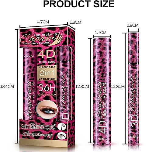 4D Silk Fiber Eyelash Mascara & Eyeliner Kit, 4D Eyelash Mascara with Liquid Eyeliner Kit, Waterproof Sweat-Proof SmudgeProof, for Longer, Thicker, Voluminous Eyelashes Perfect Eyes Makeup-Black - Image 3