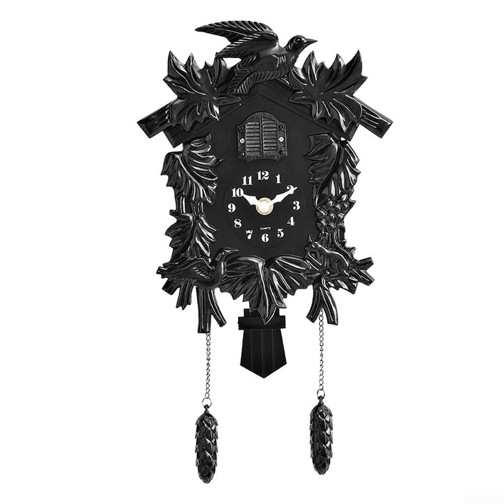 Cuckoo Clock Wall Mounted with Silent Movement and Hourly Chime, Retro Design Pendulum Alarm Clock, For Living Room Hallway Home Art Decor, Child Friendly(T52 Black)