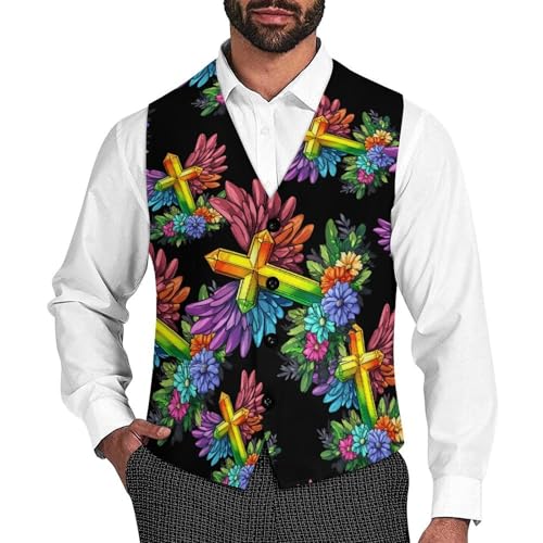 Crosses Flower Colorful Men's Suit Vests Business Formal Dress Vest V-Neck Waistcoat for Wedding Casual