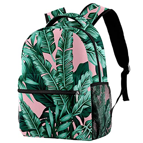 Sac à dos de voyage campus à motif feuilles vertes pour filles et garçons avec porte-bouteille
