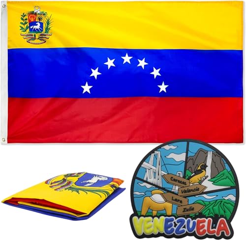 Mokarta Bandera de Venezuela 7 Estrellas con imán para Nevera de Venezuela paisajes Venezolanos – bandera de Venezuela Grande 90 x 150 cm, set de imán de Venezuela y bandera venezolana-venezuela flag