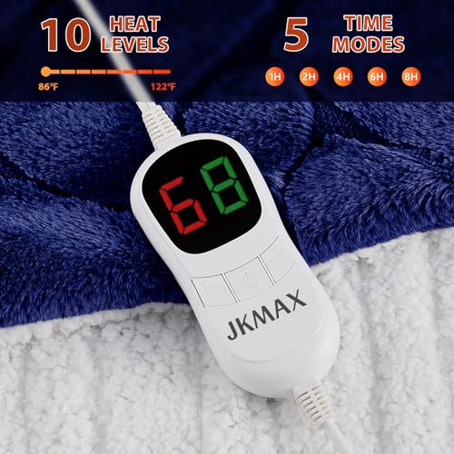 Heated Electric Blanket- Electric Throw Blanket 100"x90" for Bed- 5 Heating Levels& 4 Hours Auto Off for Home Office - Soft Faux Fur Fabric for Full Body(Navy Blue)