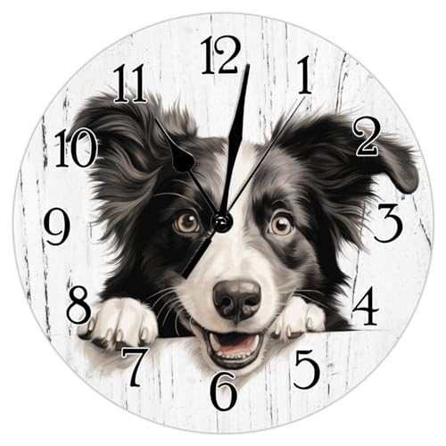 Swavecat Horloge murale décorative en bois Border Collie mignonne et amusante avec chien et chiot Horloge silencieuse à piles Portrait de chien Horloge en bois pour cuisine chambre à coucher 25,4 x