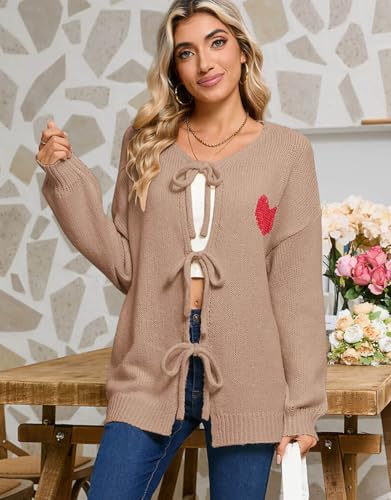 Image of Women's Tie Cardigan Sweaters Long Sleeve Chunky Knit Big Cute Heart Sweater Coats Khaki Large