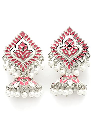 Image of Karatcart Silver Tone Diamond Shape Pink and Blue Carved Stone Studded Drop Earrings for Women