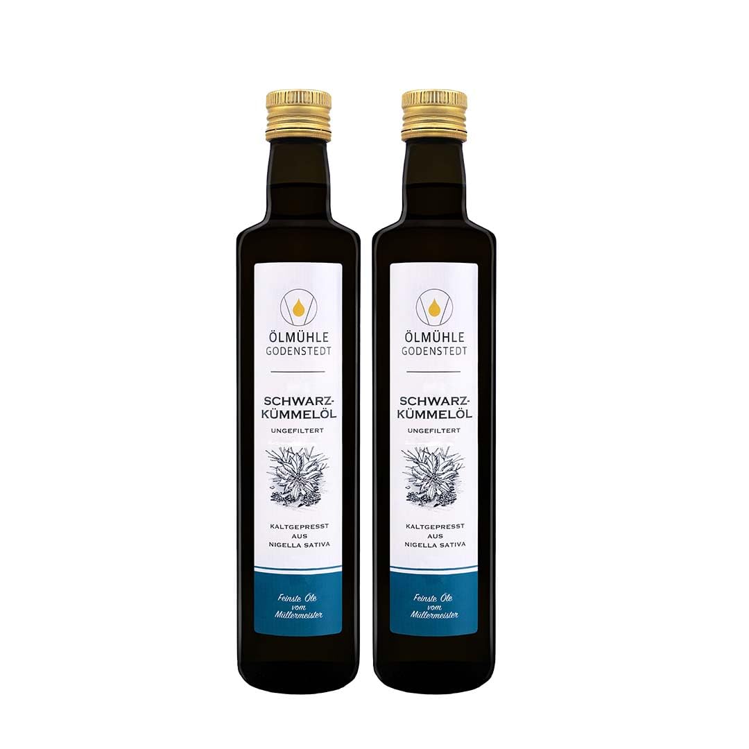 Schwarzkümmelöl (2x500ml), ungefiltert - enthält bis 2.600 mg auf 100 g - Hoher Thymochinon Gehalt, 1. Kaltpressung, täglich frisch gepresst aus ägyptischer Nigella Sativa, direkt aus der Ölmühle