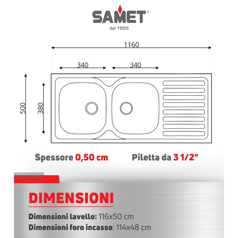 Lavello cucina due vasche acciaio da incasso gocciolatoio a dx 50x116 cm